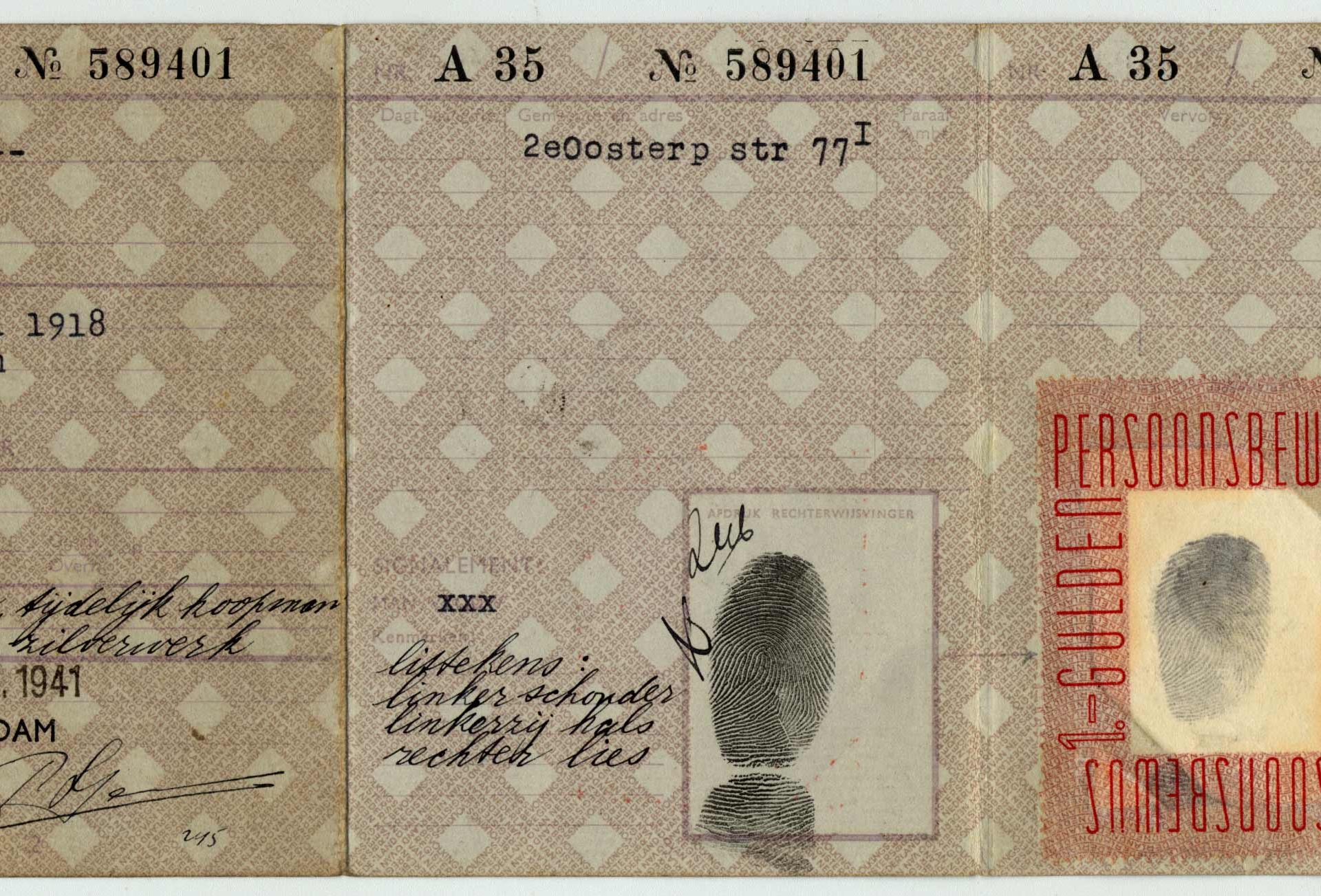 David Kropveld Dutch Identity Card stamped with a “J” for Jew.