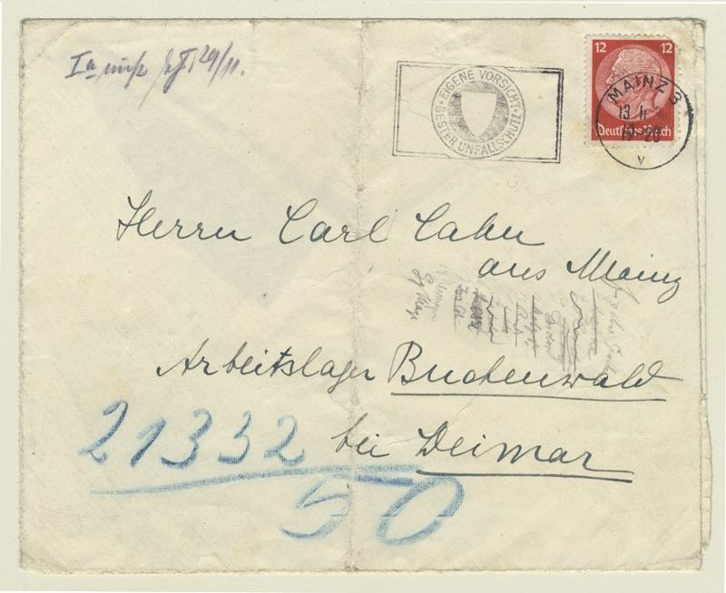 The envelope of a letter Karl received at the Buchenwald concentration camp. It probably contained the letter in which Marie shared that the Canadian government would allow them to enter the country.