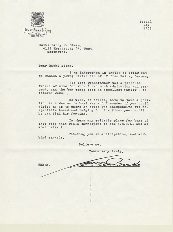 The letter William Birks wrote to Rabbi Harry J. Stern (an actif member of the Jewish community who contribuate at the creation of the Canadian Jewish Congress), asking him for some advices to welcome Franz Cahn, Karl’s son)