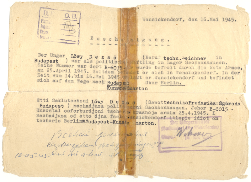 This letter confirms the liberation of Deszo Losoncy from Sachsenhausen Camp in 1945.