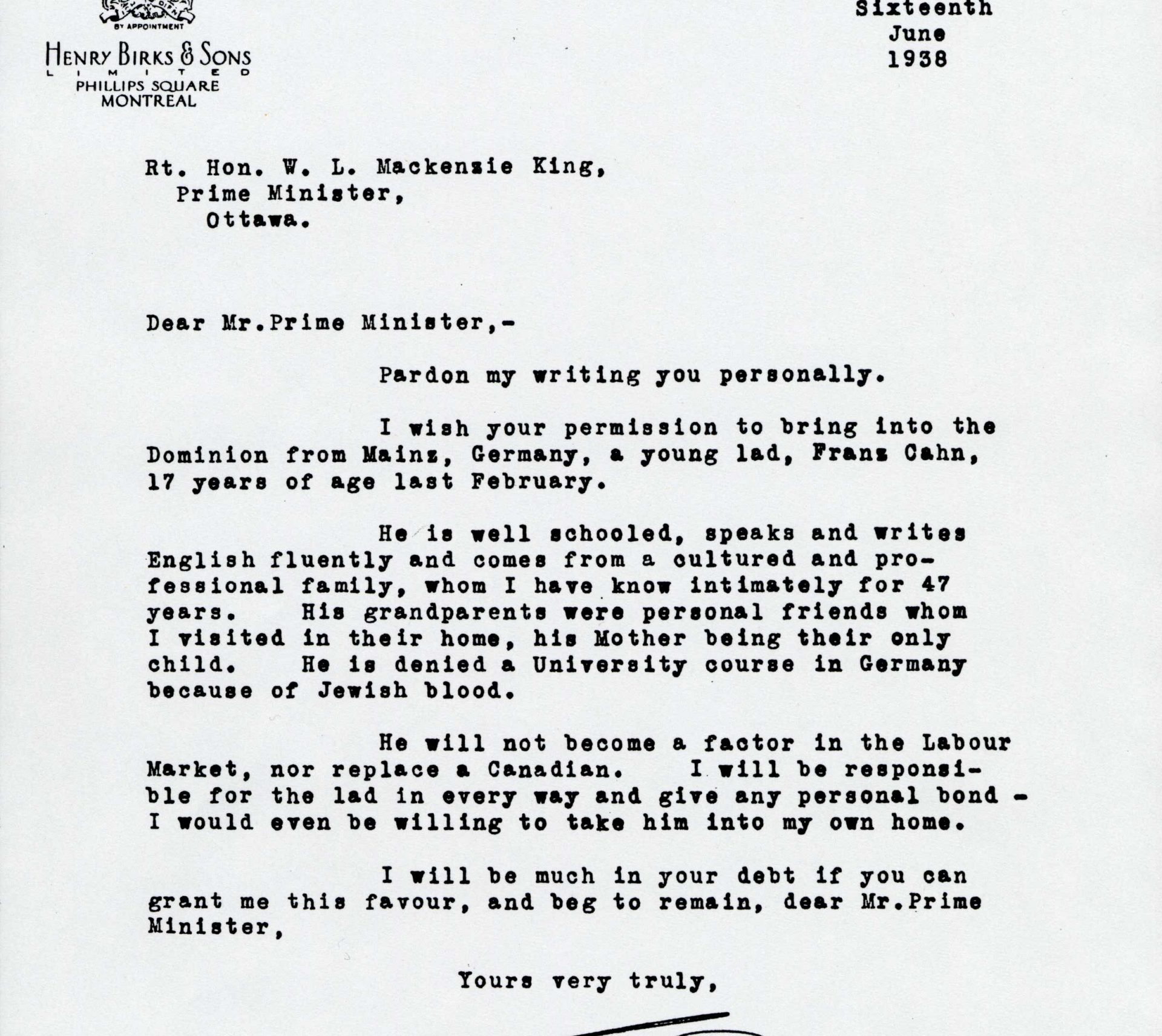 A copy of the letter that jeweller and businessman William Birks addressed to Prime Minister William Lyon Mackenzie King.