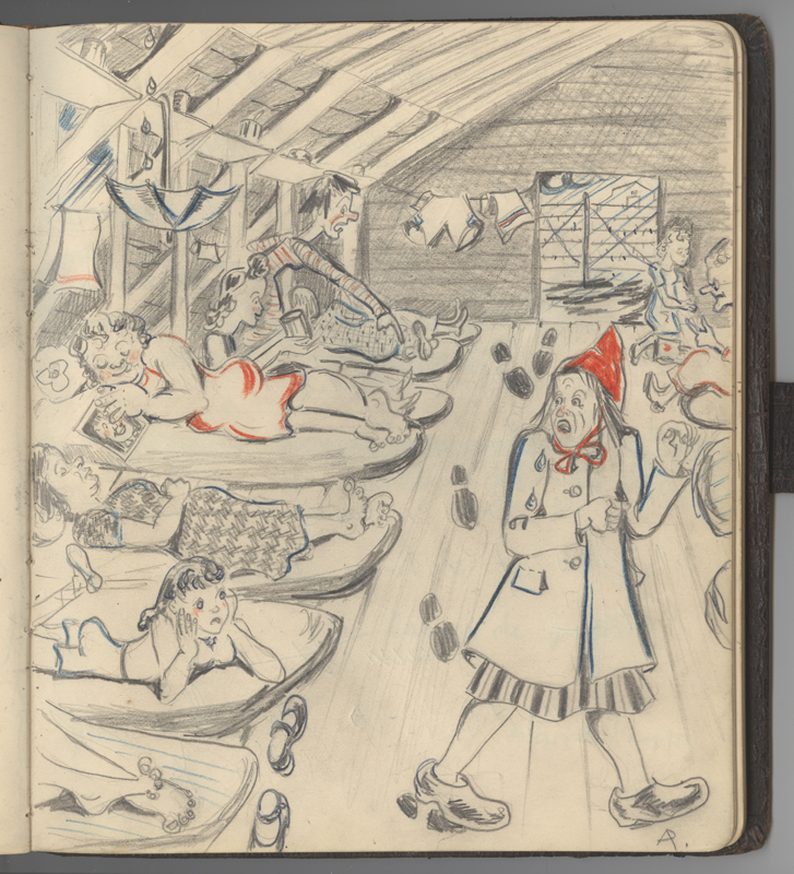 Un dessin réalisé dans le livre d'autographes et qui représente les barraques du camp où les détenues dormaient. 