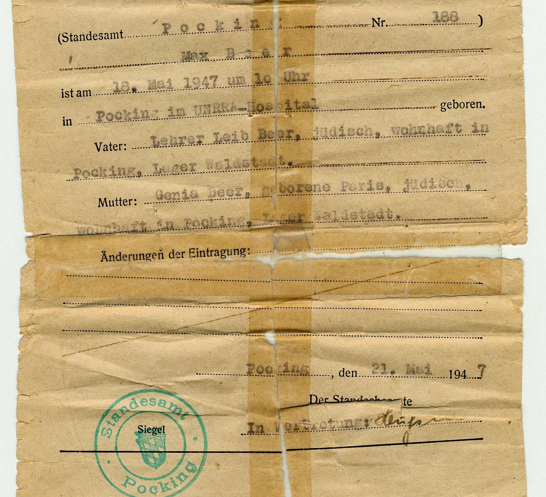 Le certificat de naissance de Max Beer. Il est né le 18 mai 1947 dans un camp de personnes déplacées géré par l’UNRRA (l’Administration des Nations Unies pour les secours et la reconstruction). 