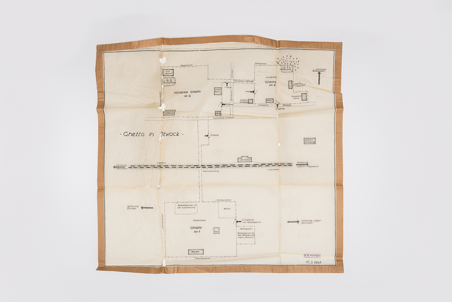 This map of Otwock ghetto was created in 1947 by the Jewish Historic Council of Bamberg, Germany, to document the Holocaust. (Photo: Peter Berra)