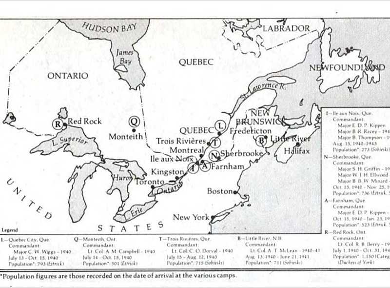 Carte des camps d'internement au Canada.