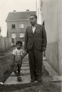 Emil Svarc and his father wearing the yellow star. Croatia, 1941. Montreal Holocaust Museum's Collection.