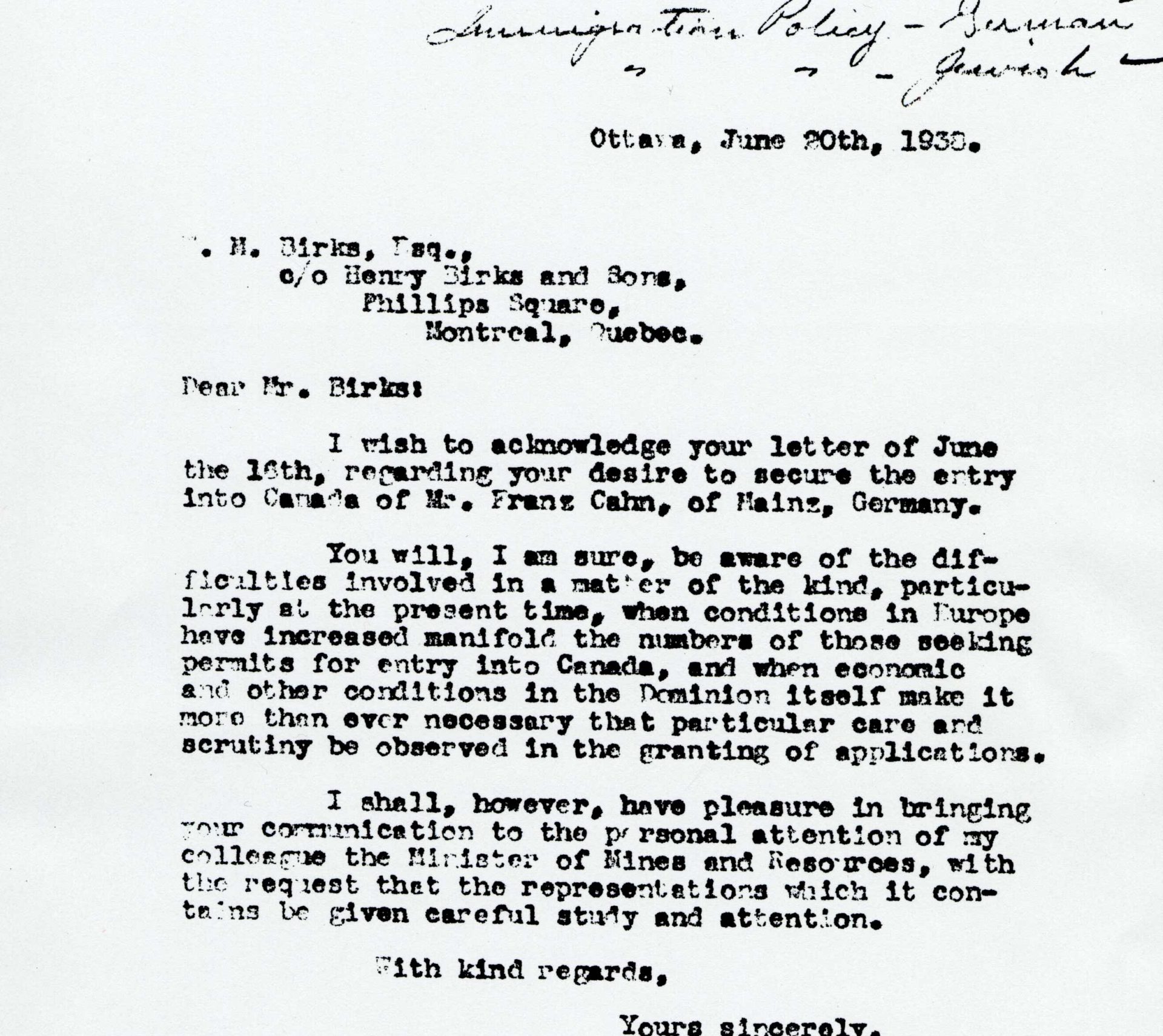 Lettre écrite par le Premier Ministre William Lyon Mackenzie King à William Birks. 