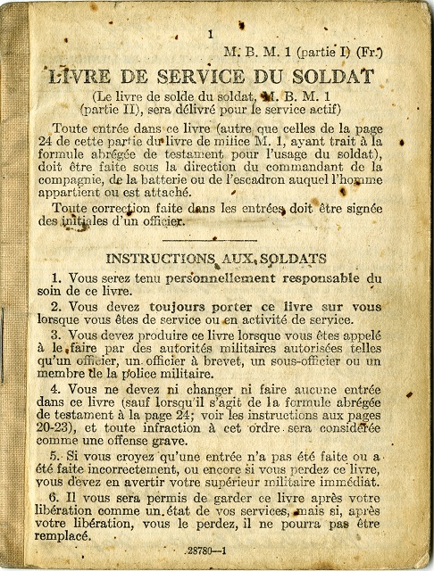 Livre de service du soldat qui atteste de l’engagement de Roger Bédard dans l’armée canadienne.