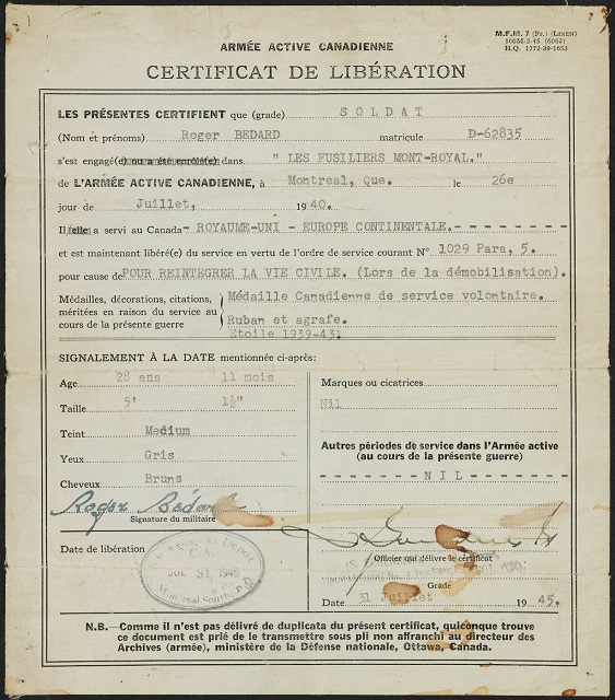 Certificat de libération de Roger Bédard, reçu le 30 juillet 1945.