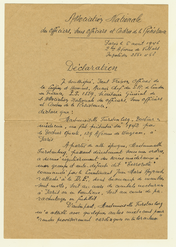 Déclaration rédigée par l’Association nationale des officiers, sous-officiers et cadres de la Résistance (A.N.O.S.O.R.) en 1946. Elle témoigne des activités de Résistance de Lonia Furstenberg durant l’Occupation. 